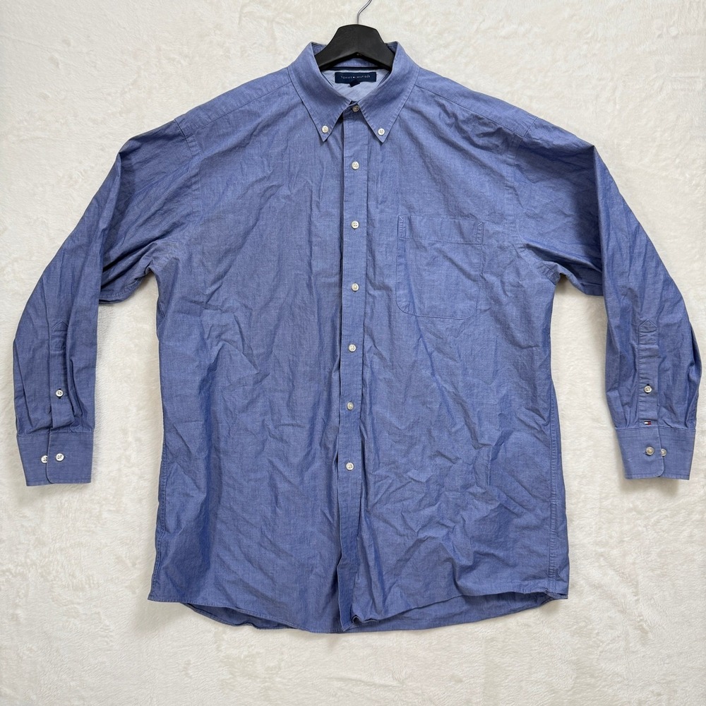 Tommy Hilfiger‎ Button Down Shirt Mens 17 32/33 Blue Long Sleeve Classic Preppy